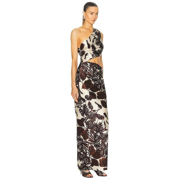 NICHOLAS Raya One Shoulder Asymmetrical Gown in Dark Chocolate Segovia Print 2 - Picture 2 of 16